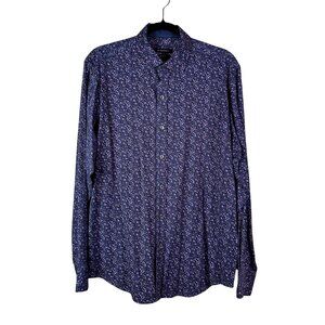 Bugatchi Mens Designer Shirt Navy Purple Floral Classic Fit Button-Up Shirt Sz L